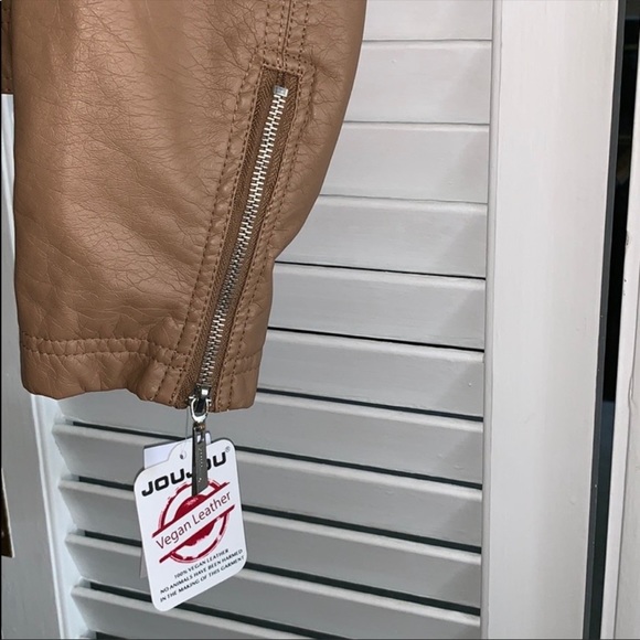 Tan Faux Vegan Leather Moto Motorcycle Jacket Coat - Picture 5 of 5